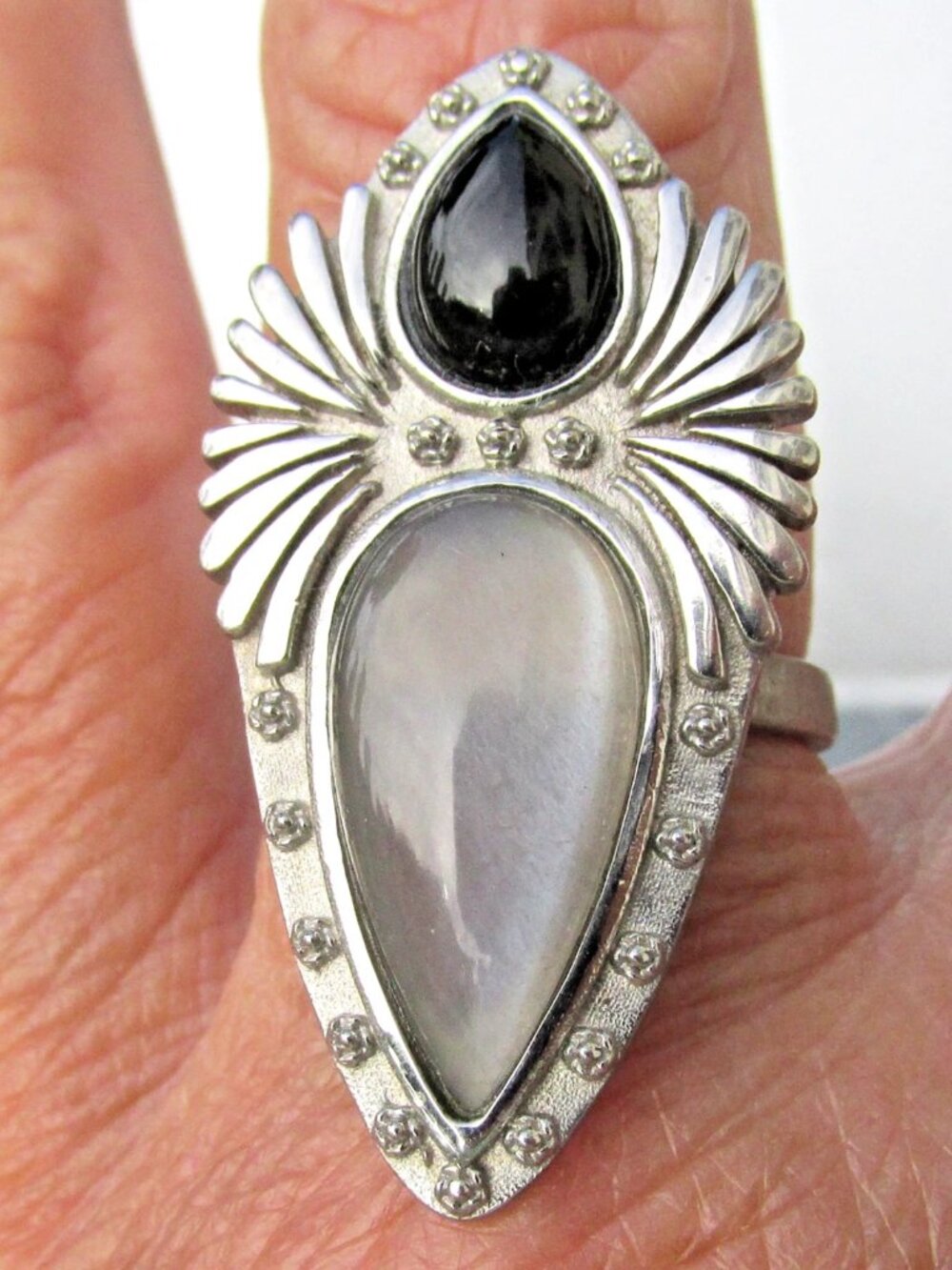Signed HESPERA Sterling Silver Moonstone & Onyx Large Adjustable Ring